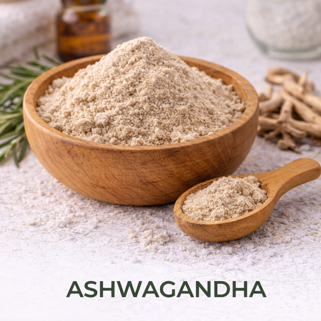 Ashwagandha root powder supplement in wooden bowl with scoop