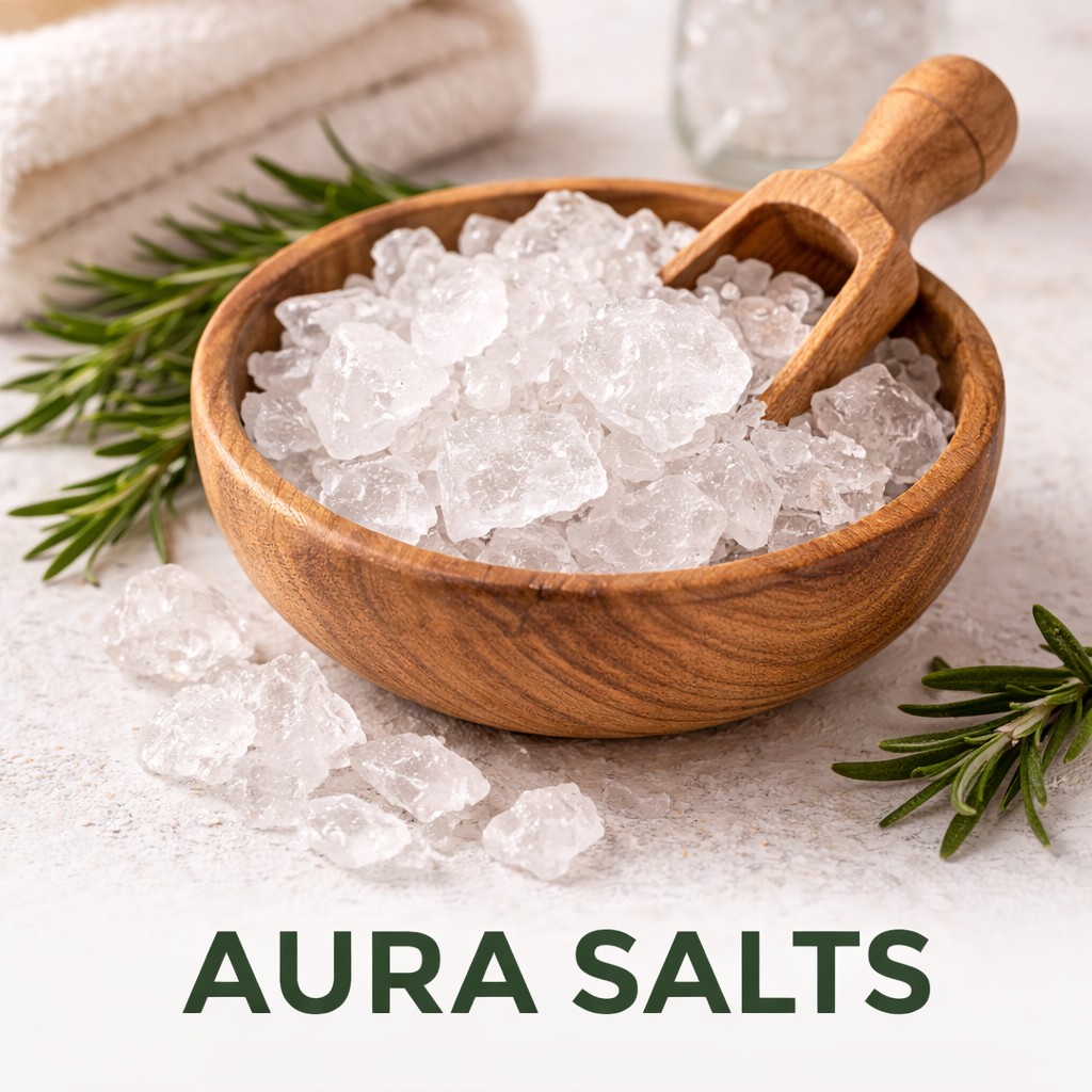 Aura salts chunky clear mineral bath salt crystals in wooden bowl