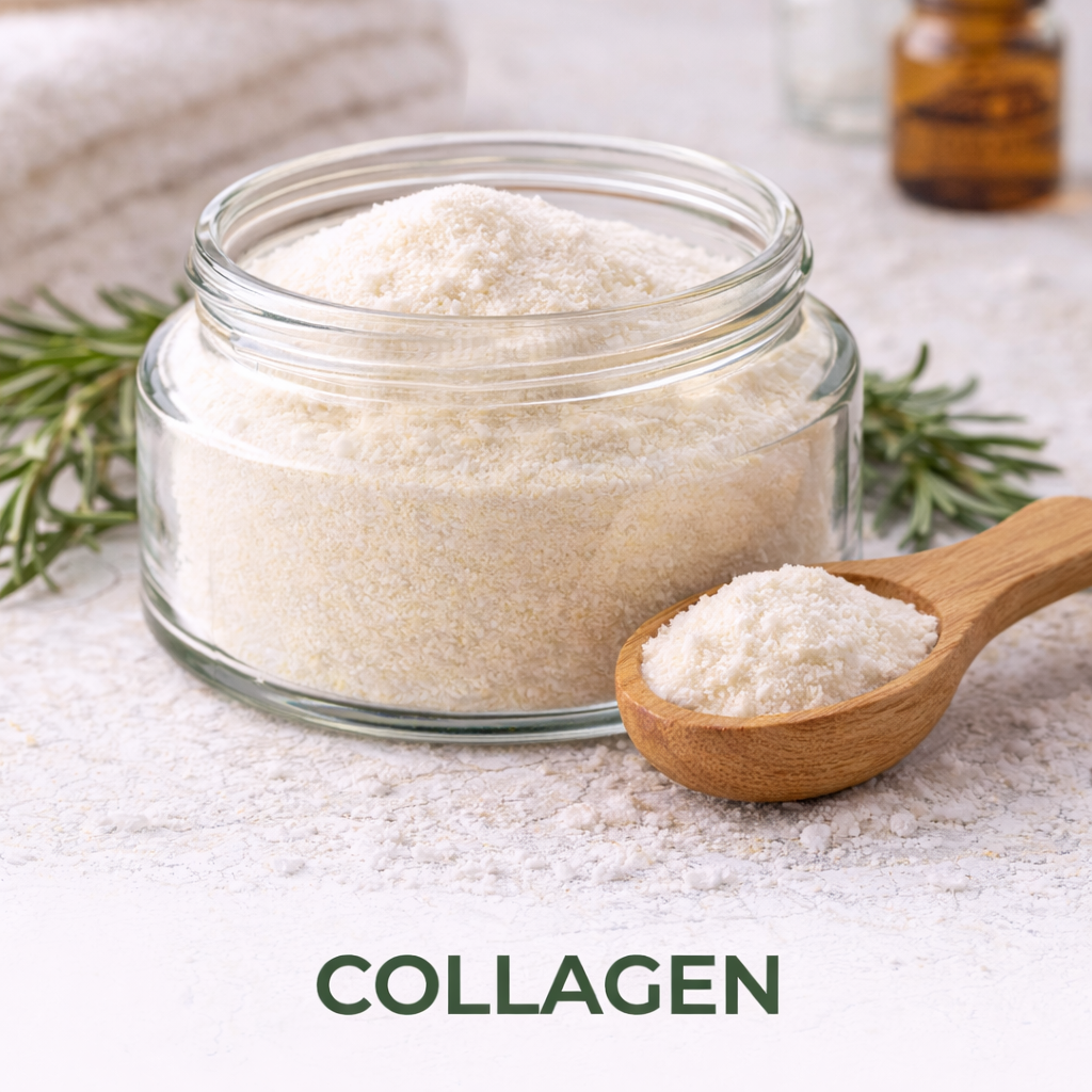Pure Bovine collagen powder supplement in glass jar with wooden scoop