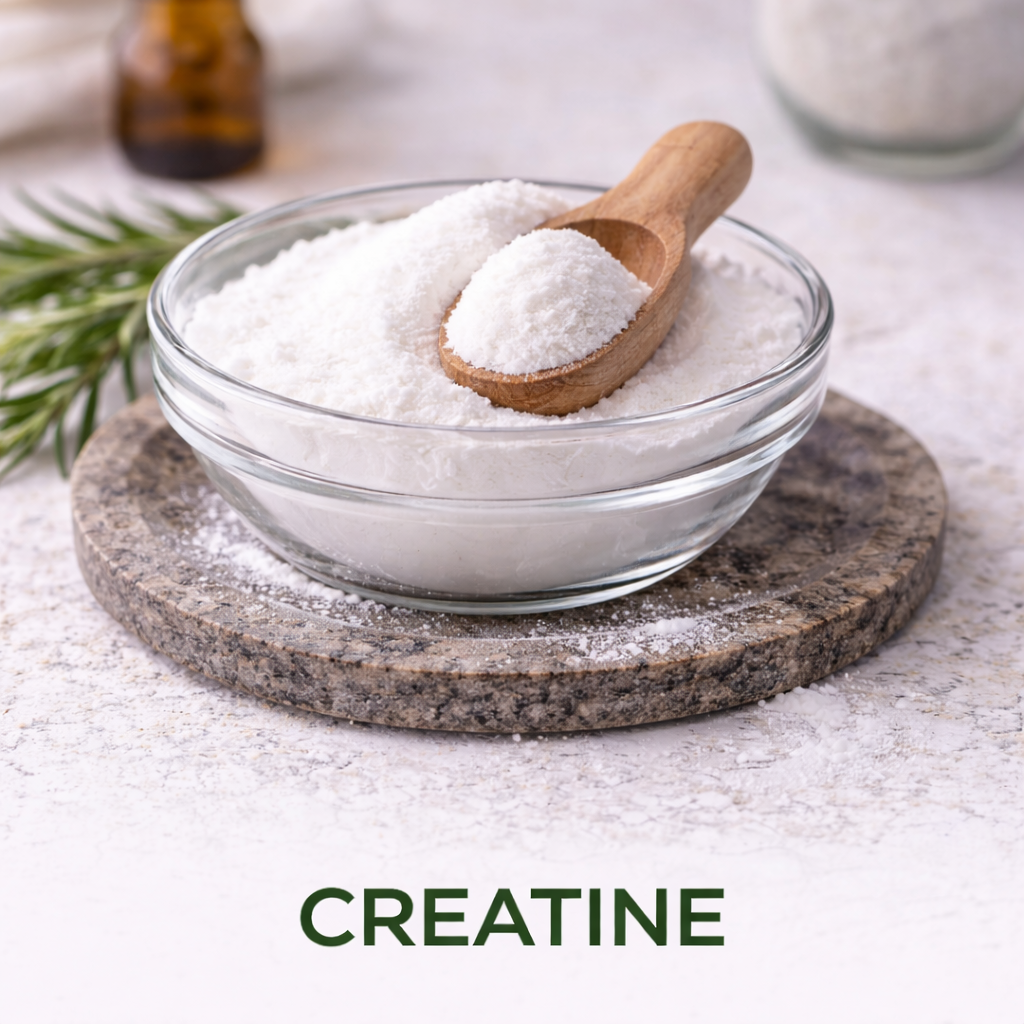 Pure creatine monohydrate powder supplement in bowl with scoop