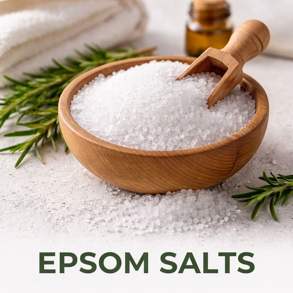 Epsom salts magnesium sulphate crystals in wooden bowl for bath and wellness use