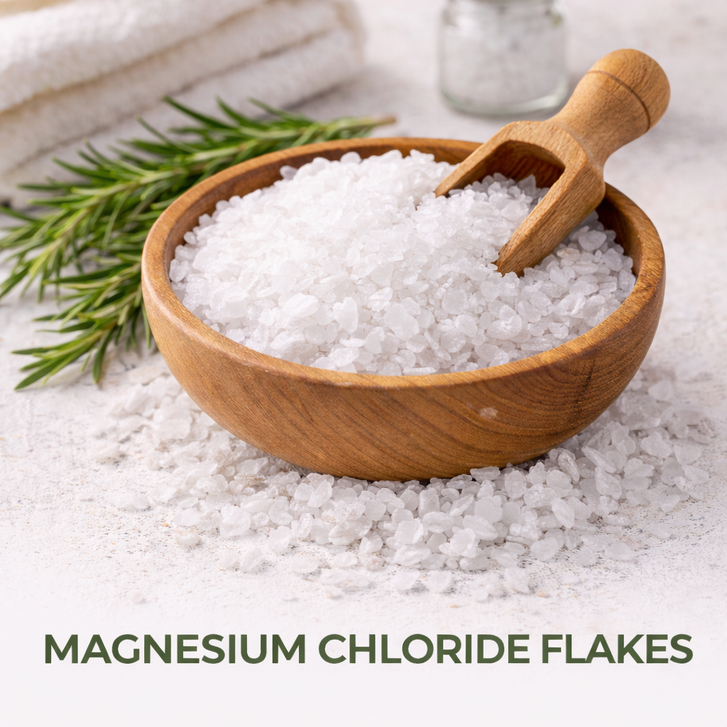 Magnesium chloride bath flakes in wooden bowl natural magnesium bath salt crystals