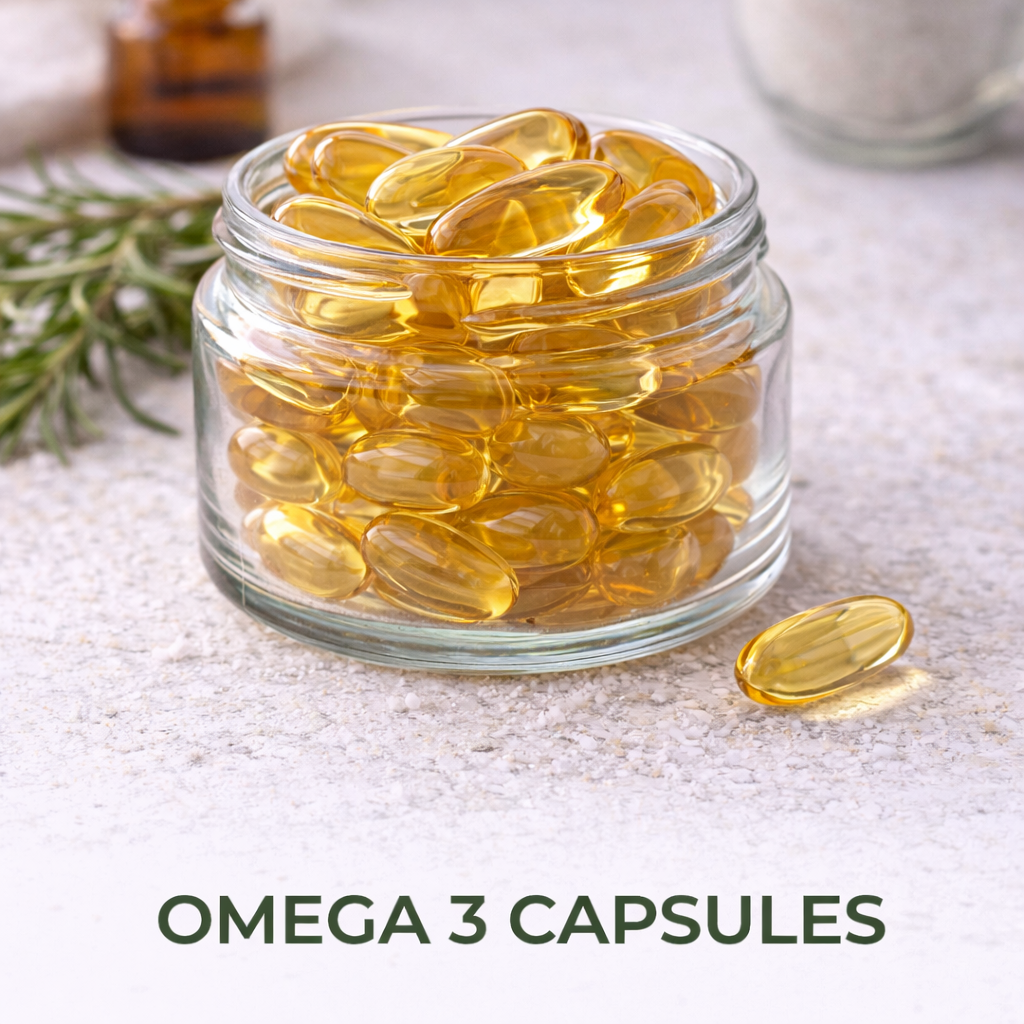 Omega 3 fish oil capsules in glass jar supplement