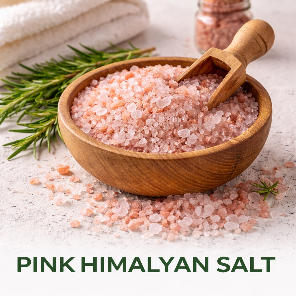 Pink Himalayan salt crystals in wooden bowl natural mineral salt for bath and wellness